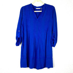 Soft Surroundings Tunic Medium Womens Blue Pleated V-Neck Tab Sleeve